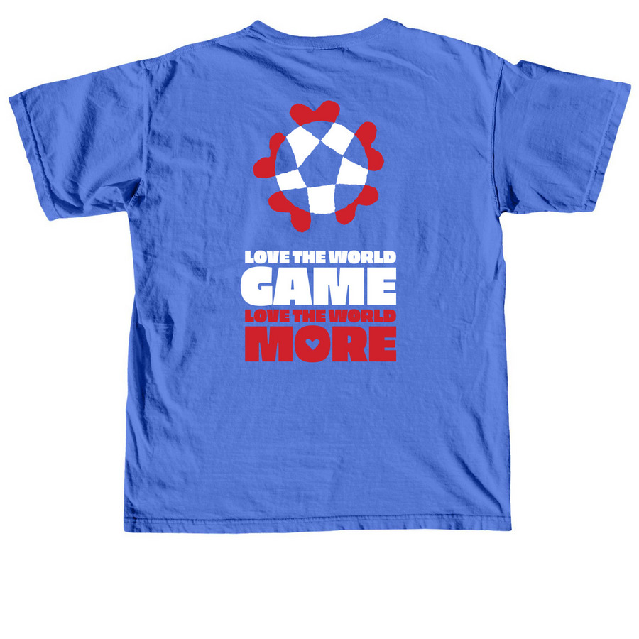 Acumen - Love the World, a Flo Blue Comfort Colors Unisex Tee (back-view)