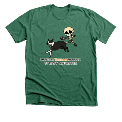 Funny skeleton chasing Boston Terrier, a Heather Grass Green Premium Unisex Tee