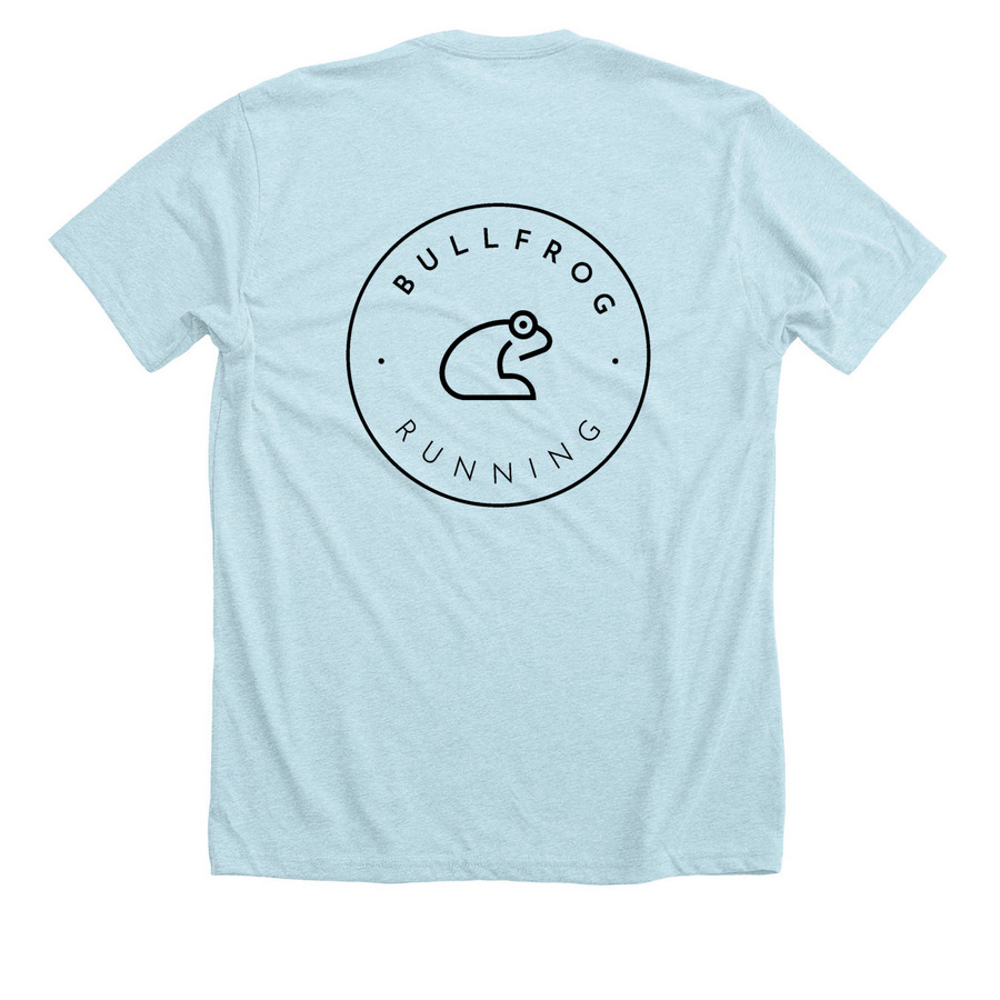 Bullfrog Running Casual Wear, a Heather Ice Blue Premium Unisex Tee (back-view)