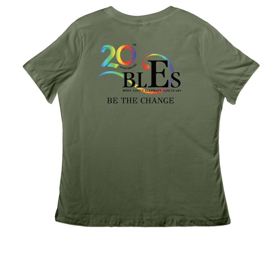 Celebrating 20 years of BLES!, a Military Green Women's Relaxed V-Neck Tee (back-view)