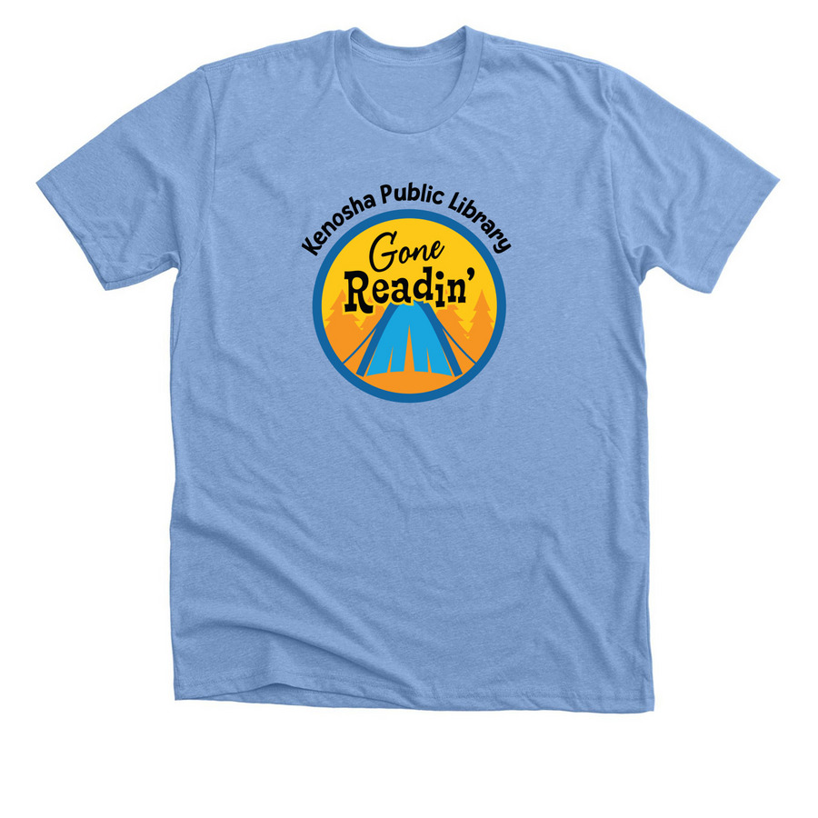 Gone Readin' Camping, a Heather Carolina Blue Premium Unisex Tee