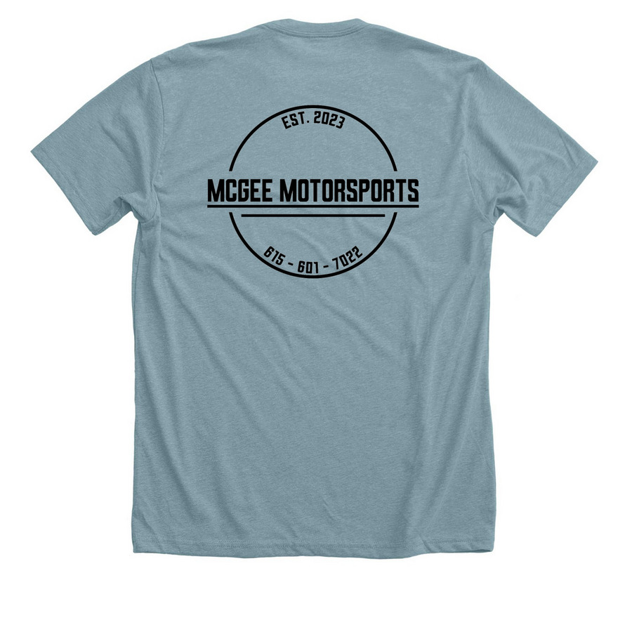 Black McGee Motorsports Logo, a Heather Blue Lagoon Premium Unisex Tee (back-view)