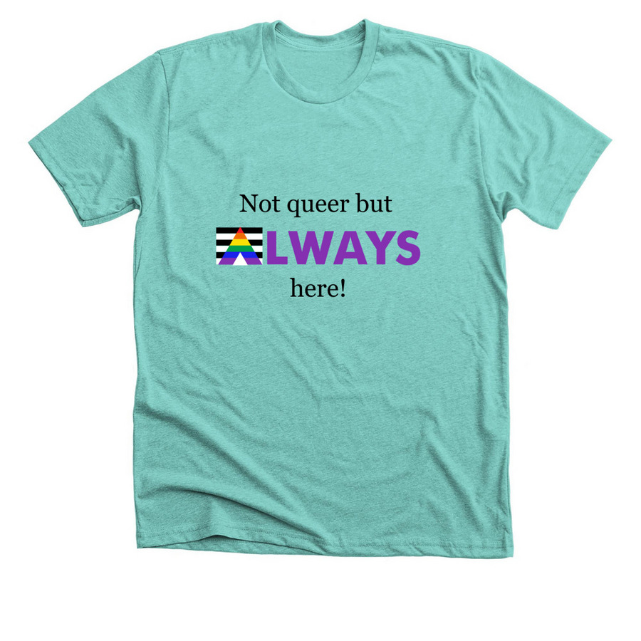 Not Queer but ALWAYS Here!, a Heather Sea Green Premium Unisex Tee