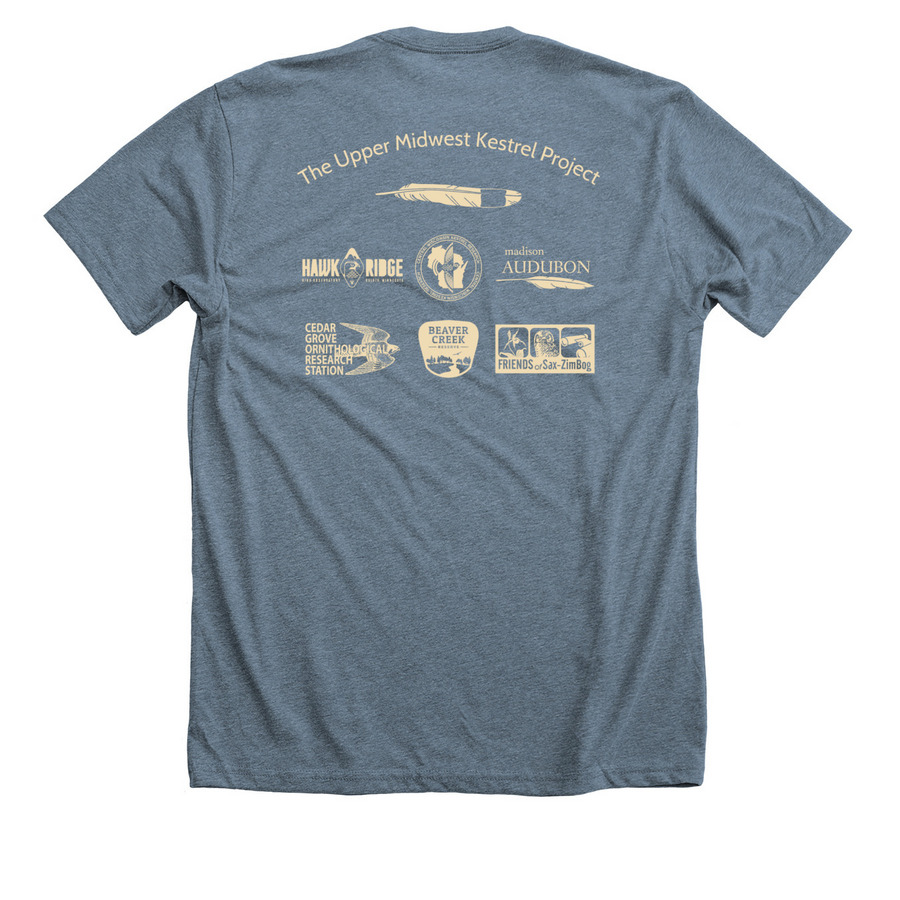The Upper Midwest Kestrel Project, a Heather Slate Premium Unisex Tee (back-view)