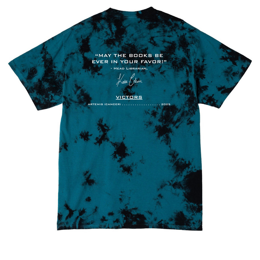 Sunrise on the Readathon 2026, a Black/ Teal Crystal Tie Dye Tee (back-view)