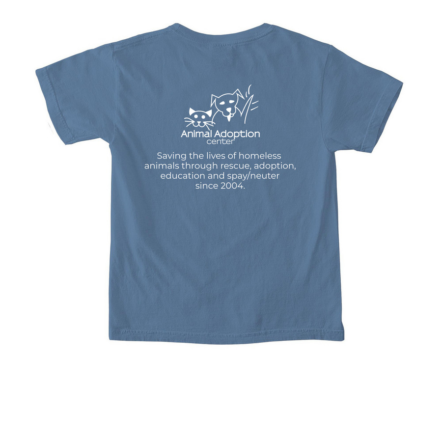 AAC Logo in White, a Blue Jean Comfort Colors Youth Tee (back-view)