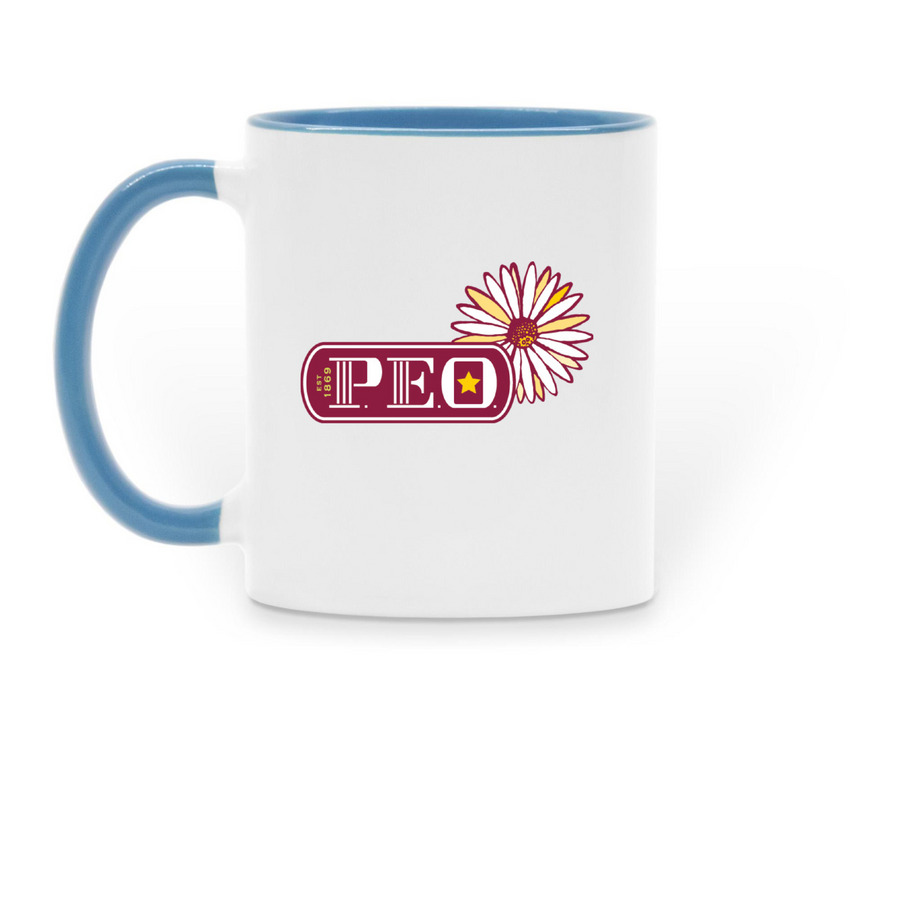 P.E.O. Sisterhood Mugs, a Light Blue Two-Tone Ceramic Mug (back-view)