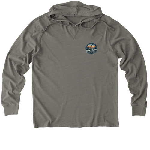 Roam & Refuel Mountain Trail Hooded Tee, a Driftwood Grey Allmade Organic Cotton Mineral Dye Hoodie Tee