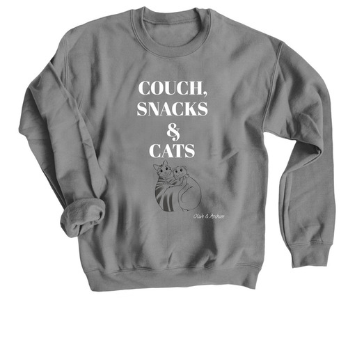 Couch, Snacks & Cats, a Charcoal Crewneck Sweatshirt