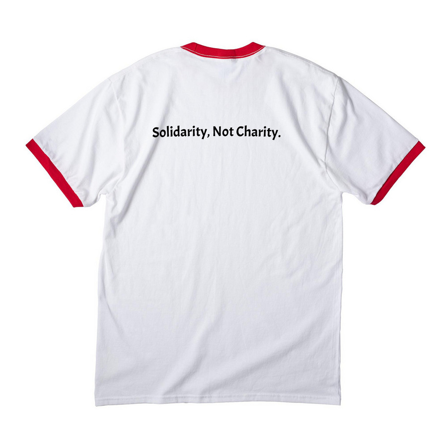 Mutual Aid Monday, a White/ Red Cotton Ringer Tee (back-view)