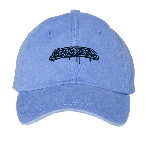 bird nerd--drippy, a Periwinkle Printed Pigment Dye Baseball Cap