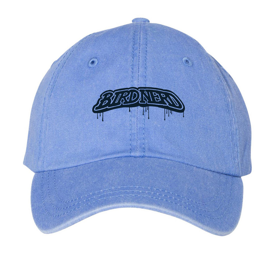 bird nerd--drippy, a Periwinkle Printed Pigment Dye Baseball Cap
