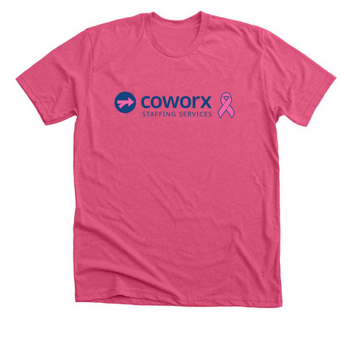 CoWorx Blue Logo Pink Shirt, a Heather Charity Pink Premium Unisex Tee
