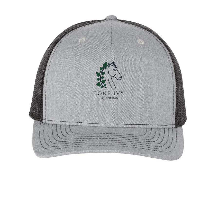 Lone Ivy Logo Hat, a Heather Grey/ Black Printed Five-Panel Trucker Cap