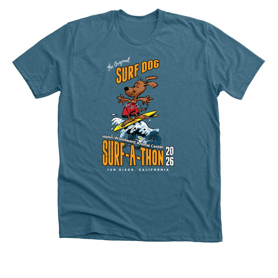 Surf Dog Surf-A-Thon 2026, a Heather Deep Teal Premium Unisex Tee