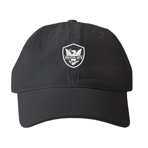 Dad Hat, OG Dragon White Logo, a Black Printed Pigment Dye Baseball Cap