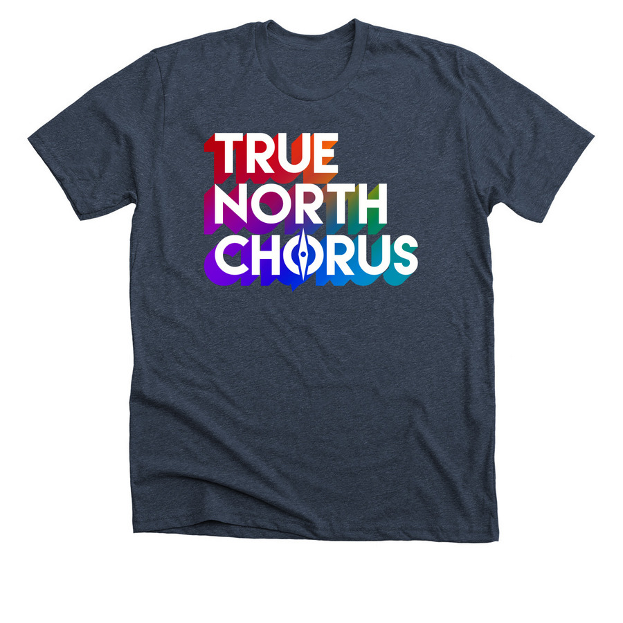 TNC - Rainbow Stacked Logo (w/ White Overlay), a Heather Midnight Navy Premium Unisex Tee