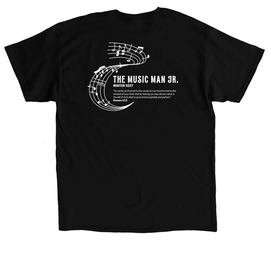 The Music Man Jr. T-Shirt, a Black Classic Unisex Tee (back-view)