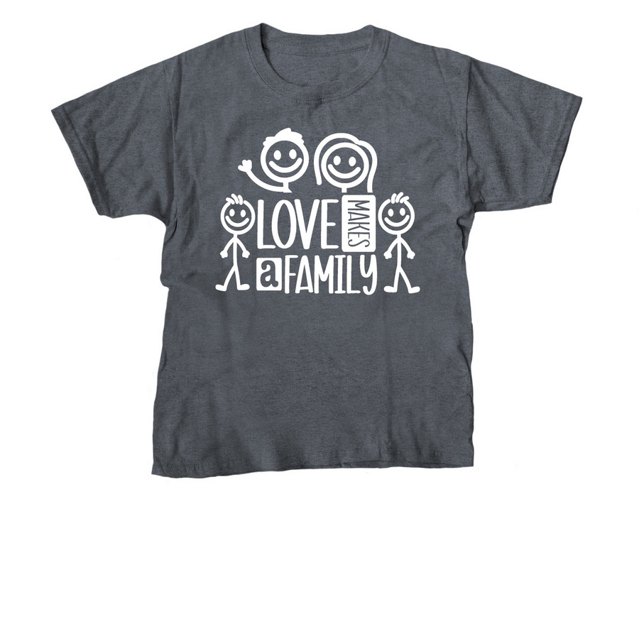 Love Makes a Family, a Dark Heather Youth Unisex Tee