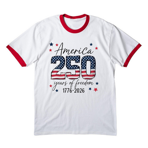 America 250th Years Of Freedom 1776 - 2026, a White/ Red Cotton Ringer Tee