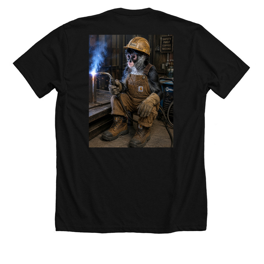 Rollo the Welder, a Solid Black Blend Premium Unisex Tee (back-view)