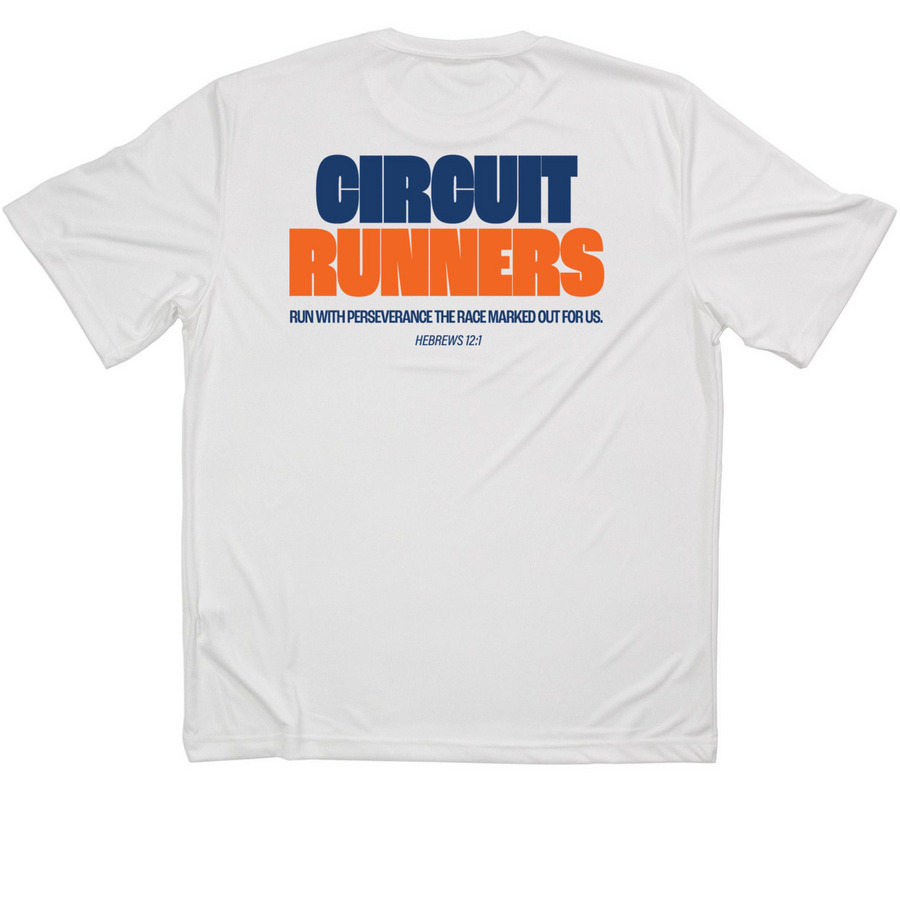 Circuit Runners, a White Classic Performance Tee (back-view)