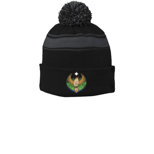 Rebel Thrush - Beanies, a Black/ Iron Grey Printed Stripe Pom-Pom Beanie
