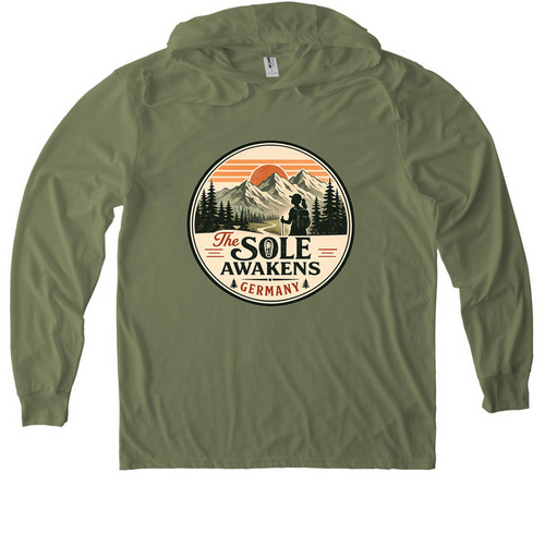 The Sole Awakens (girl hiker), a Olive You Green Allmade Eco Triblend Hoodie Tee