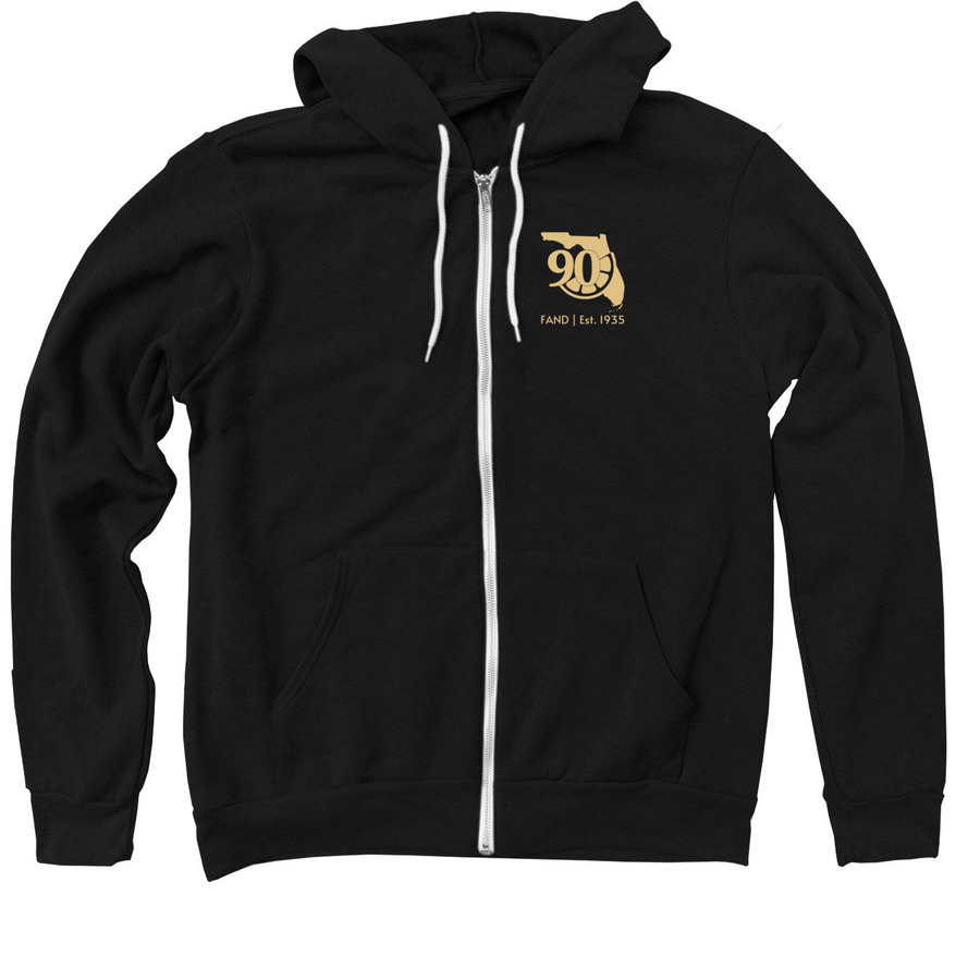 ? FAND 90th Anniversary, a Black Zip Up Hoodie