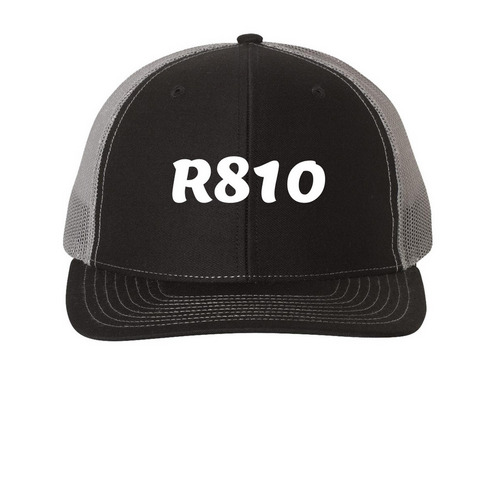R810 Hat, a Black/ Charcoal Printed Snapback Trucker Cap