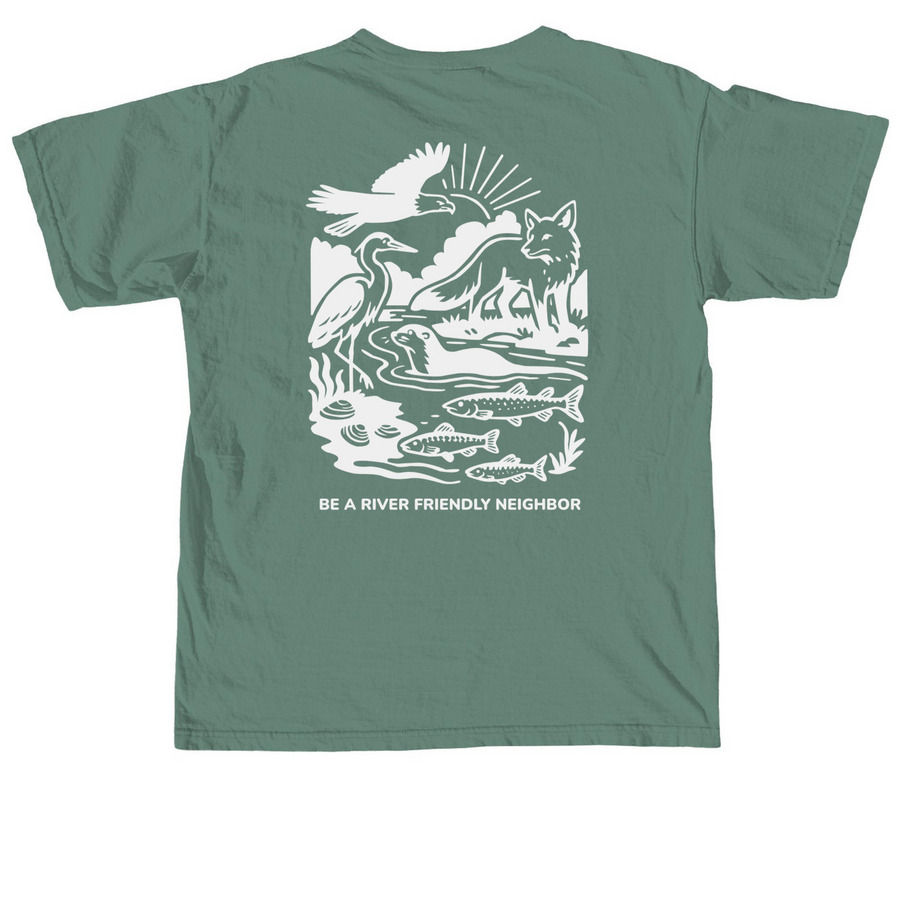 Be a River Friendly Neighbor, a Light Green Comfort Colors Unisex Tee (back-view)