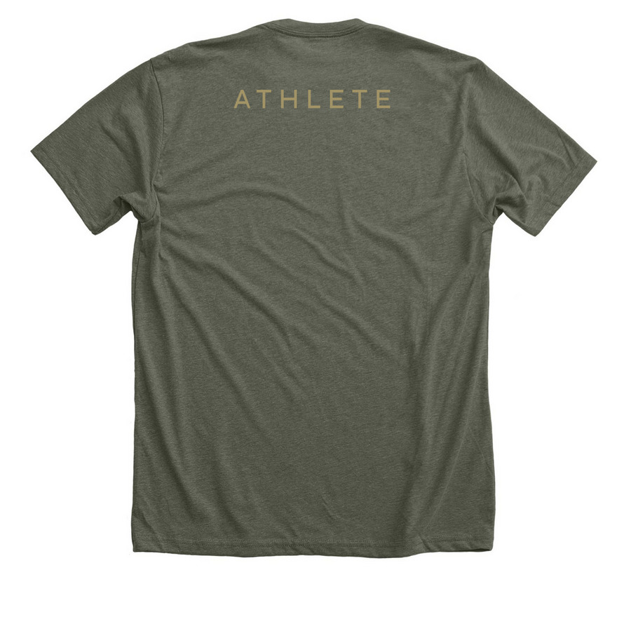 OPS Competition Tee (Green/Gold), a Heather Military Green Premium Unisex Tee (back-view)