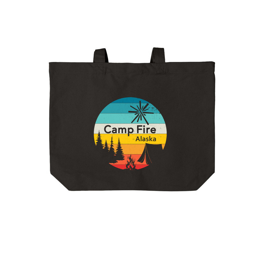 Camp Fire Alaska- Retro Sunset, a Deep Black Cotton Canvas Tote Bag