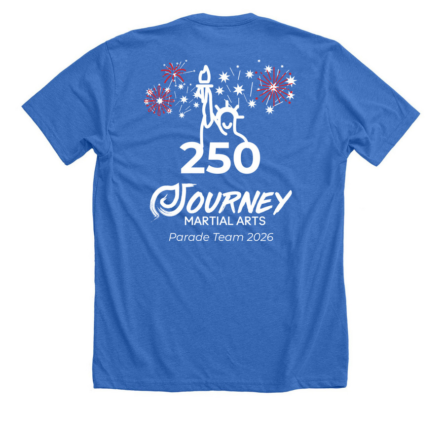 JMA Parade Team Tee 2026, a Heather True Royal Premium Unisex Tee (back-view)