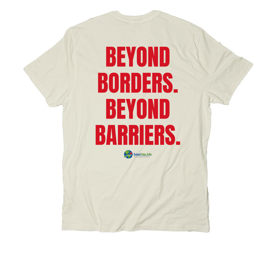Beyond Borders. Beyond Barriers. Tee, a White Sand Allmade Organic Cotton Unisex Tee (back-view)