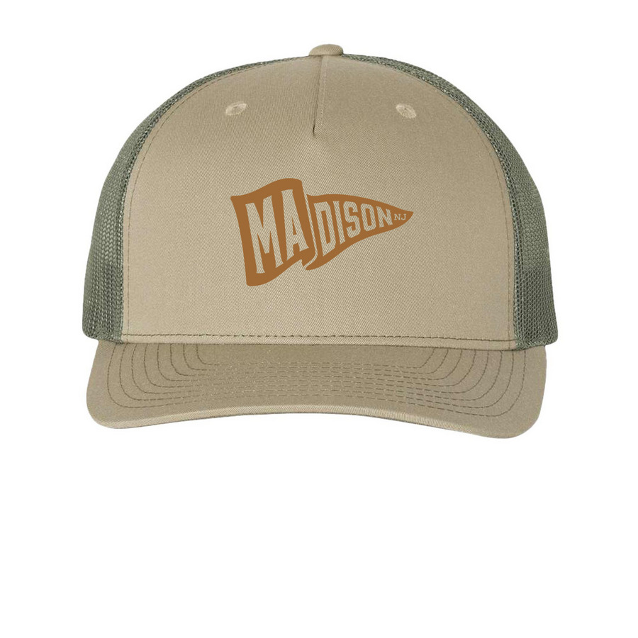 MEF Cap Merch, a Pale Khaki/ Loden Green Printed Five-Panel Trucker Cap