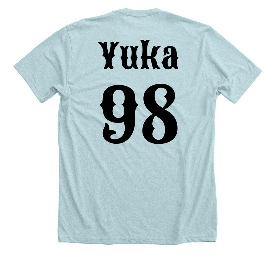 Hykuzia: Yuka (Light ver.), a Heather Ice Blue Premium Unisex Tee (back-view)