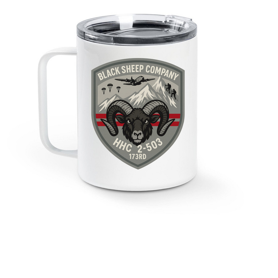 Rock and Black Sheep Mug, a White Stainless Steel Travel Mug (back-view)
