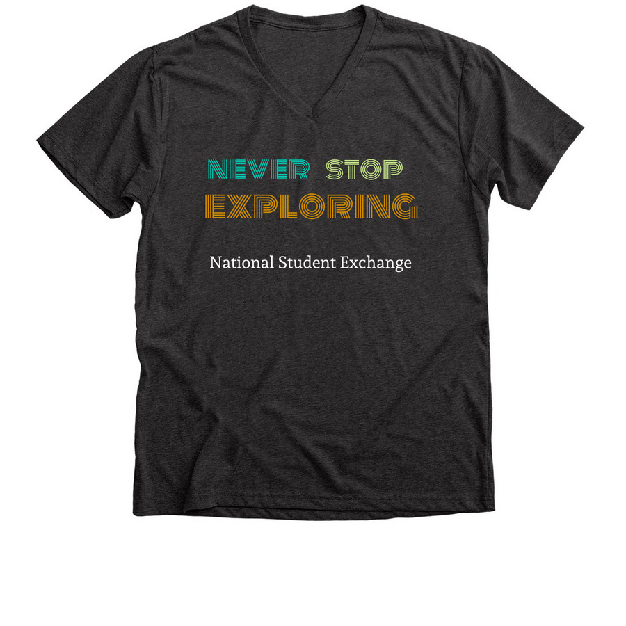Never Stop Exploring V-Neck, a Dark Grey Heather Premium V-Neck Tee