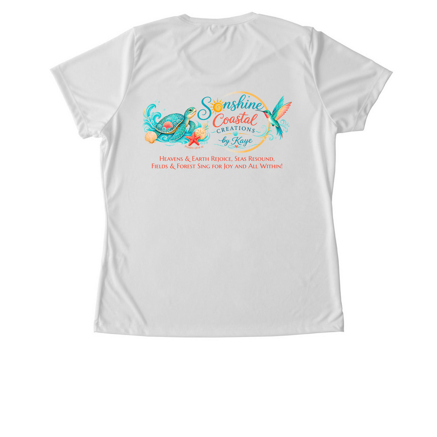 Sunshine Coastal Creations, a White Women's Performance Tee (back-view)