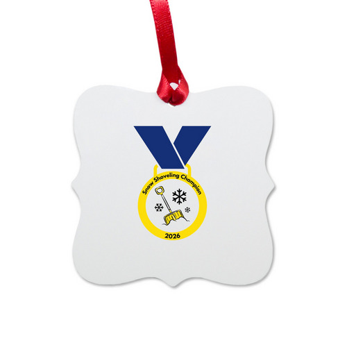 Snow Shoveling Champion 2026 ornament, a White Aluminum Square Ornament
