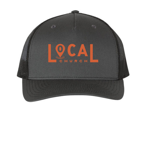 Original Local Church Trucker Hat, a Charcoal/ Black Printed Five-Panel Trucker Cap