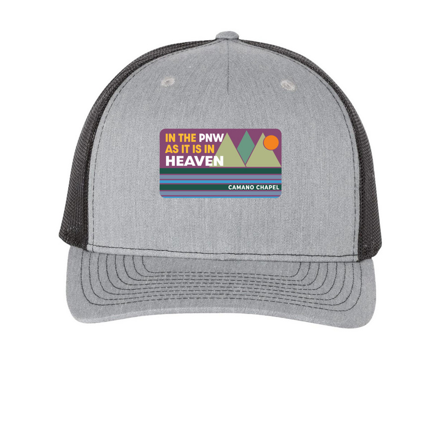 PNW - Trucker Hat, a Heather Grey/ Black Printed Five-Panel Trucker Cap