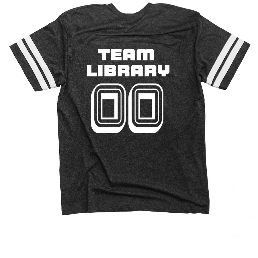 We're Team Library! | Football Jersey, a Vintage Smoke / White Football Jersey Tee (back-view)