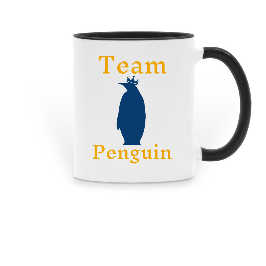 Team Penguin Mug: Sip and Save Penguins, a Black Two-Tone Ceramic Mug