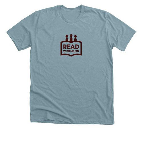 Read With Me MN Merch Brown Design, a Heather Blue Lagoon Premium Unisex Tee