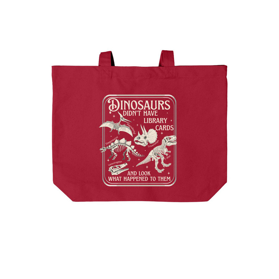 Dinosaurs and Library Cards, a Deep Red Cotton Canvas Tote Bag