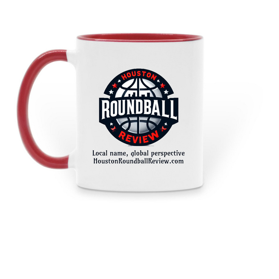 Houston Roundball Review mugs, a Red Two-Tone Ceramic Mug (back-view)