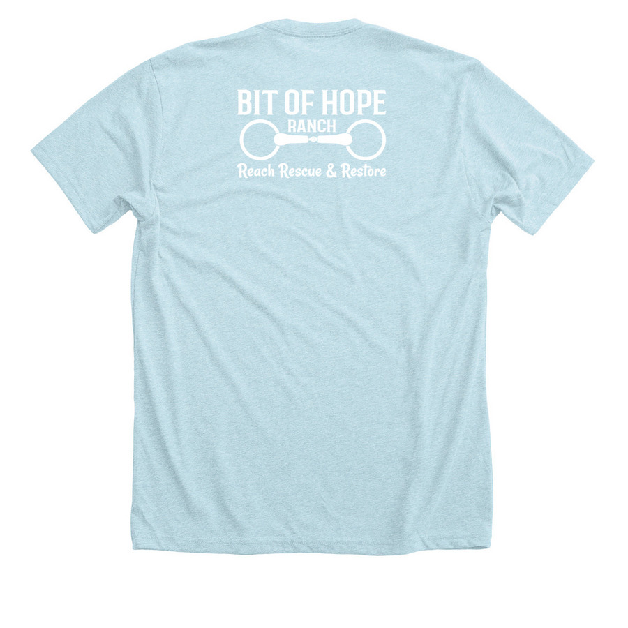 HOLD YOUR HORSES, a Heather Ice Blue Premium Unisex Tee (back-view)