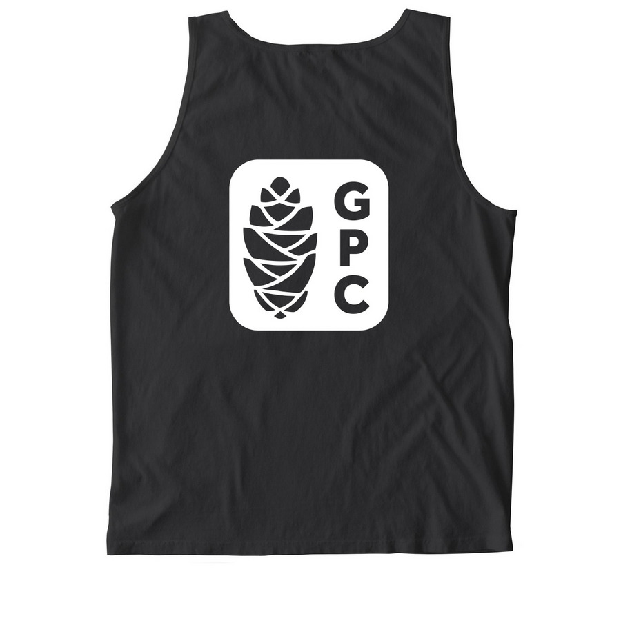 White Logo Shirts, a Black Comfort Colors Tank Top (back-view)